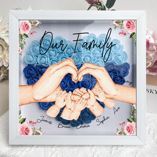 Our Family Personalized Flower Shadow Box, Heart-shaped floral arrangement with family name, MDF frame
