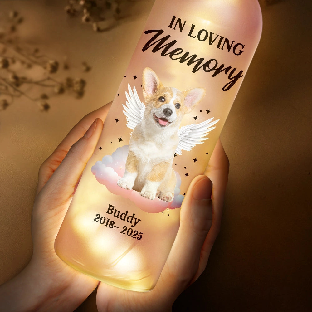 Memorial bottle light with custom pet photo, In Loving Memory text, LED lights, thoughtful sympathy gift.