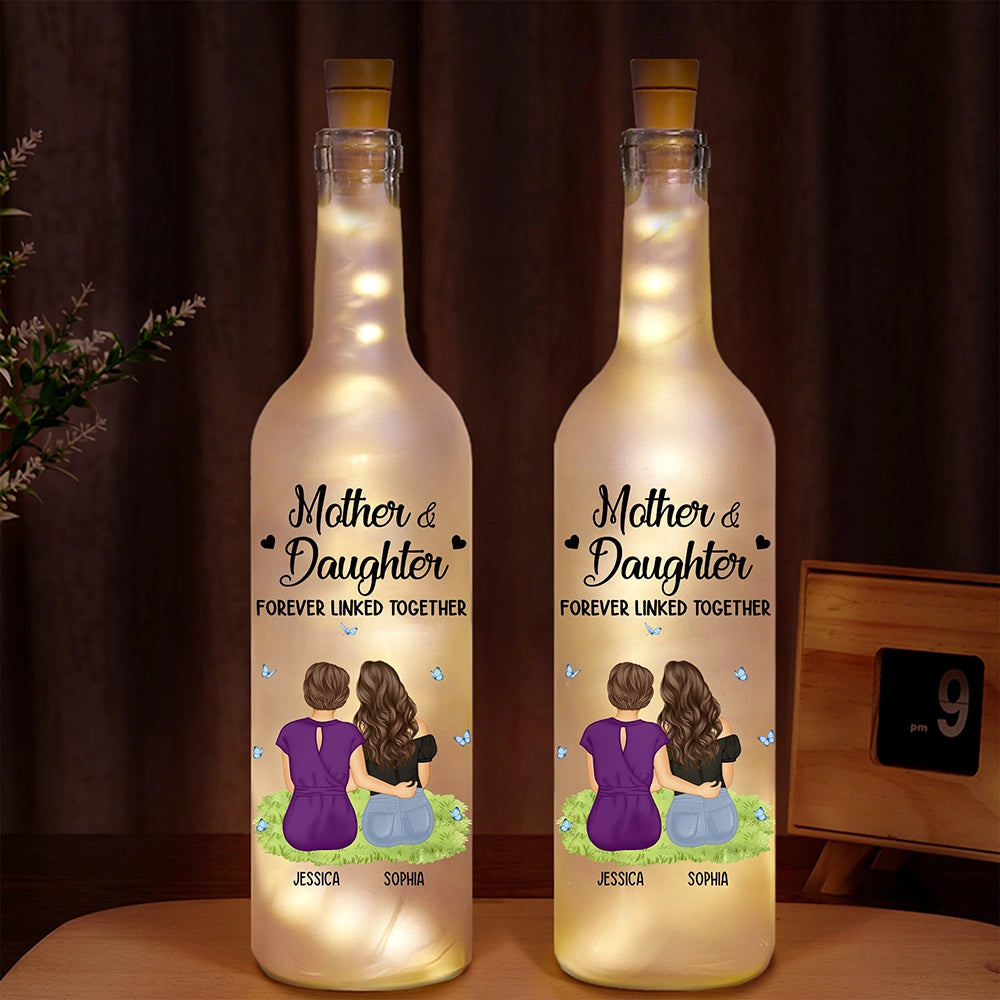 Mother & Daughter Forever Linked Together Personalized Bottle Light, frosted glass, LED lights, unique gift