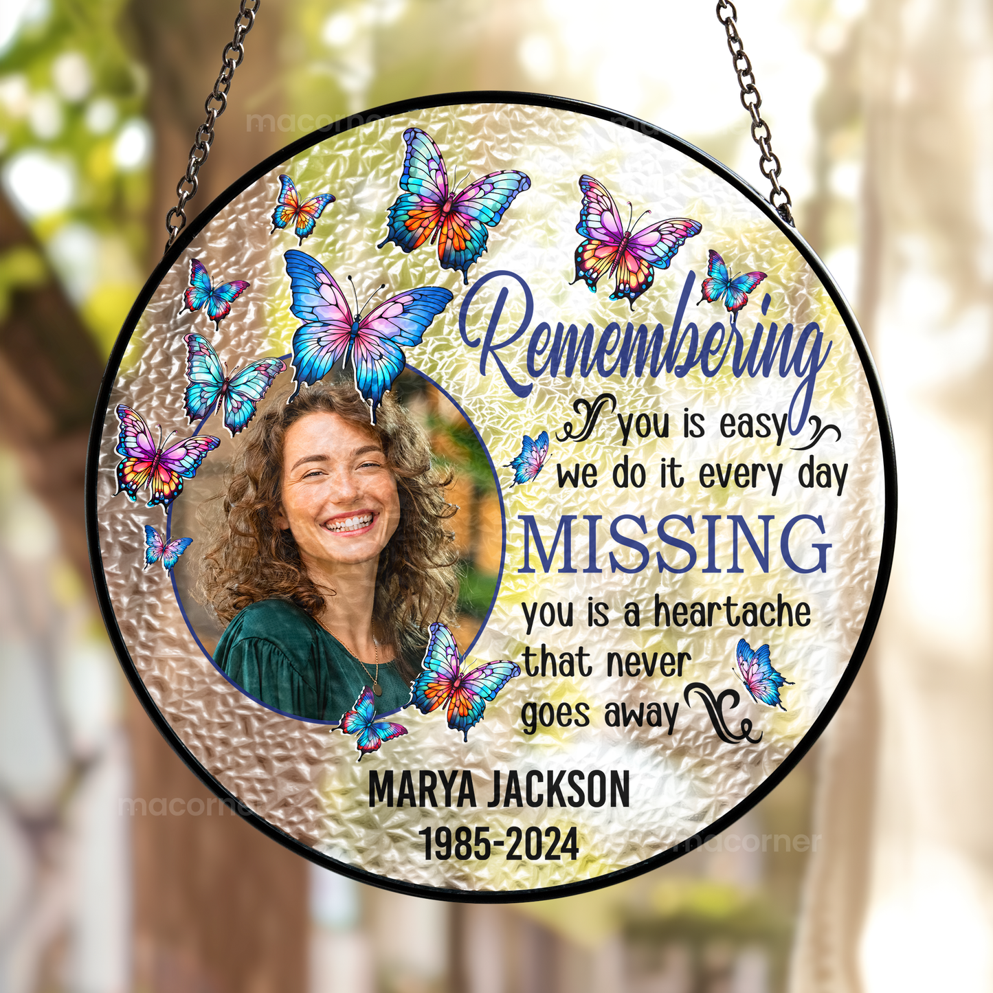 Personalized photo stained glass suncatcher with a photo, text Remembering You and butterflies, a memorial gift.