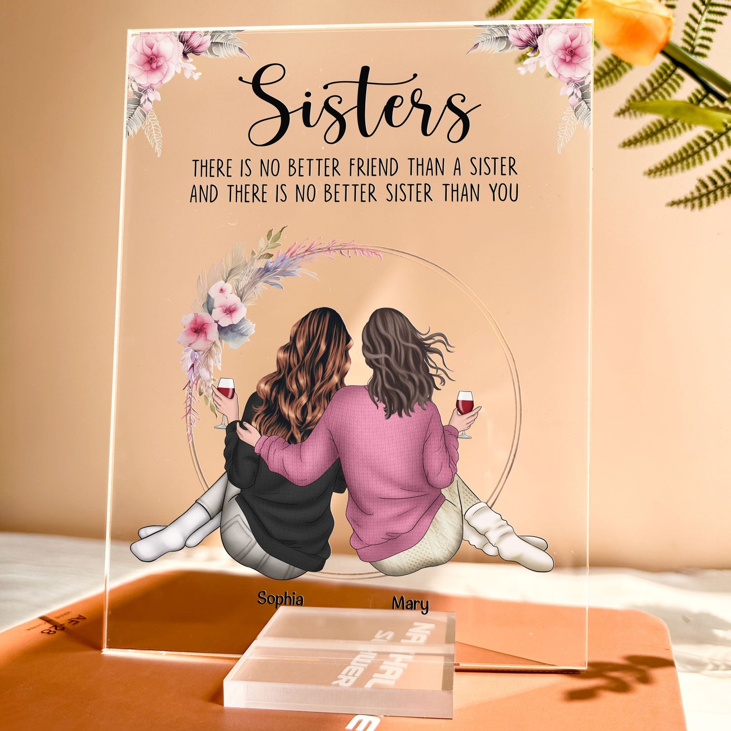 Personalized acrylic plaque for sister, features sister illustration and heartfelt quote.