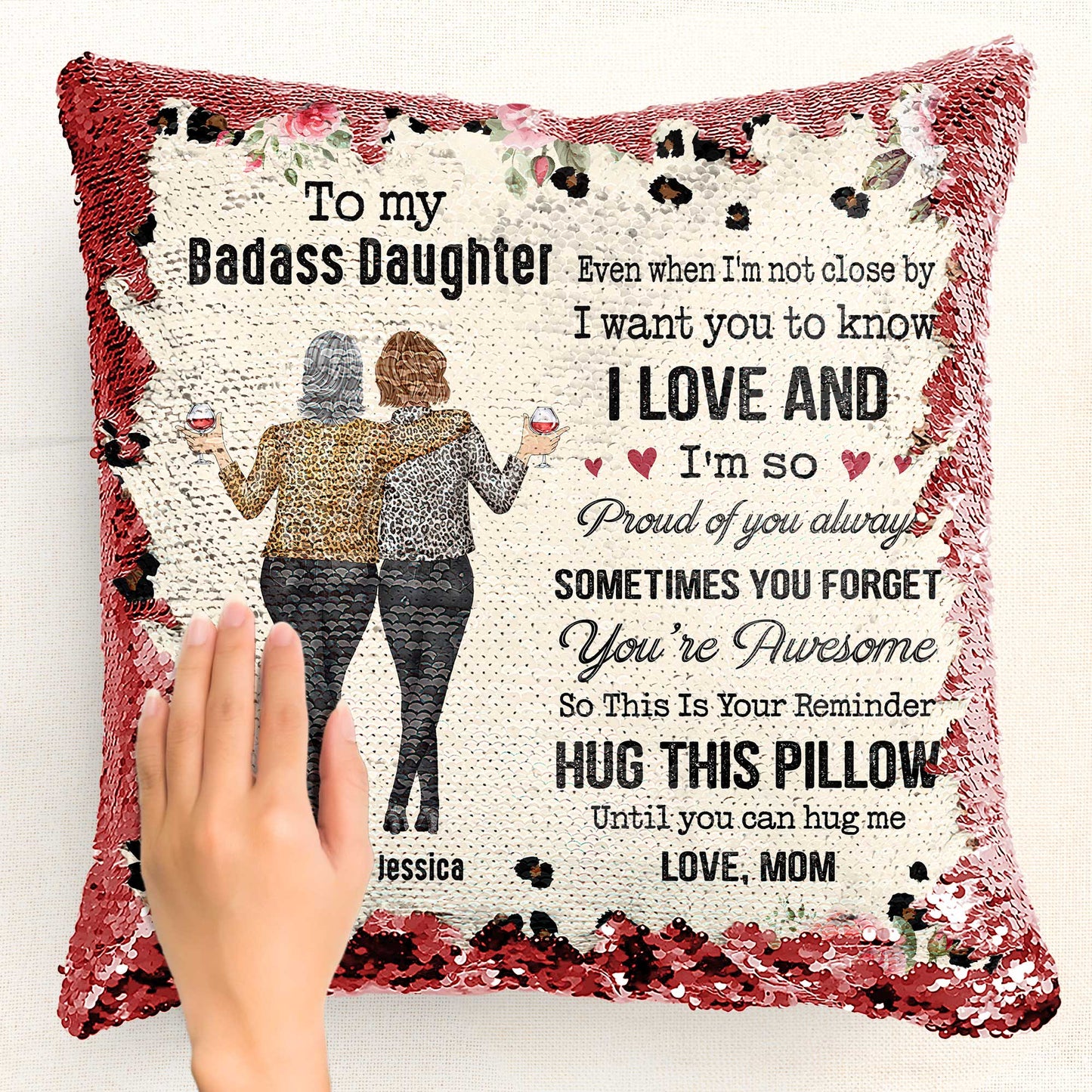 Custom sequin pillow for daughter, featuring a heartfelt message and photo. Reversible sequins, personalized gift.
