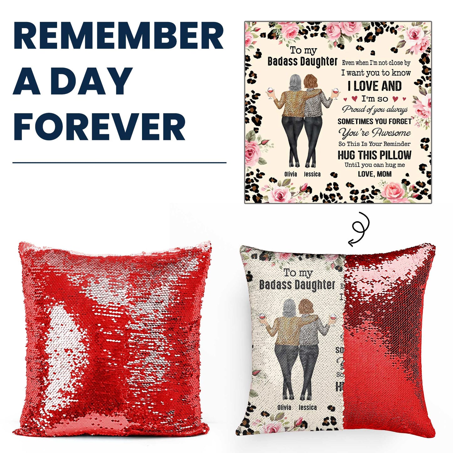 Custom sequin pillow for daughter, red, with a photo and heartfelt message: 'To my Badass Daughter', a personalized gift.