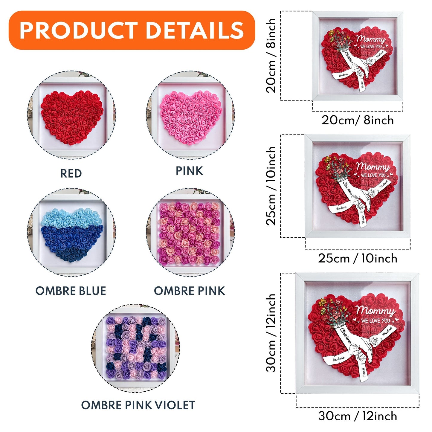 Personalized flower shadow box with various heart-shaped designs and sizes, perfect Mother's Day gift