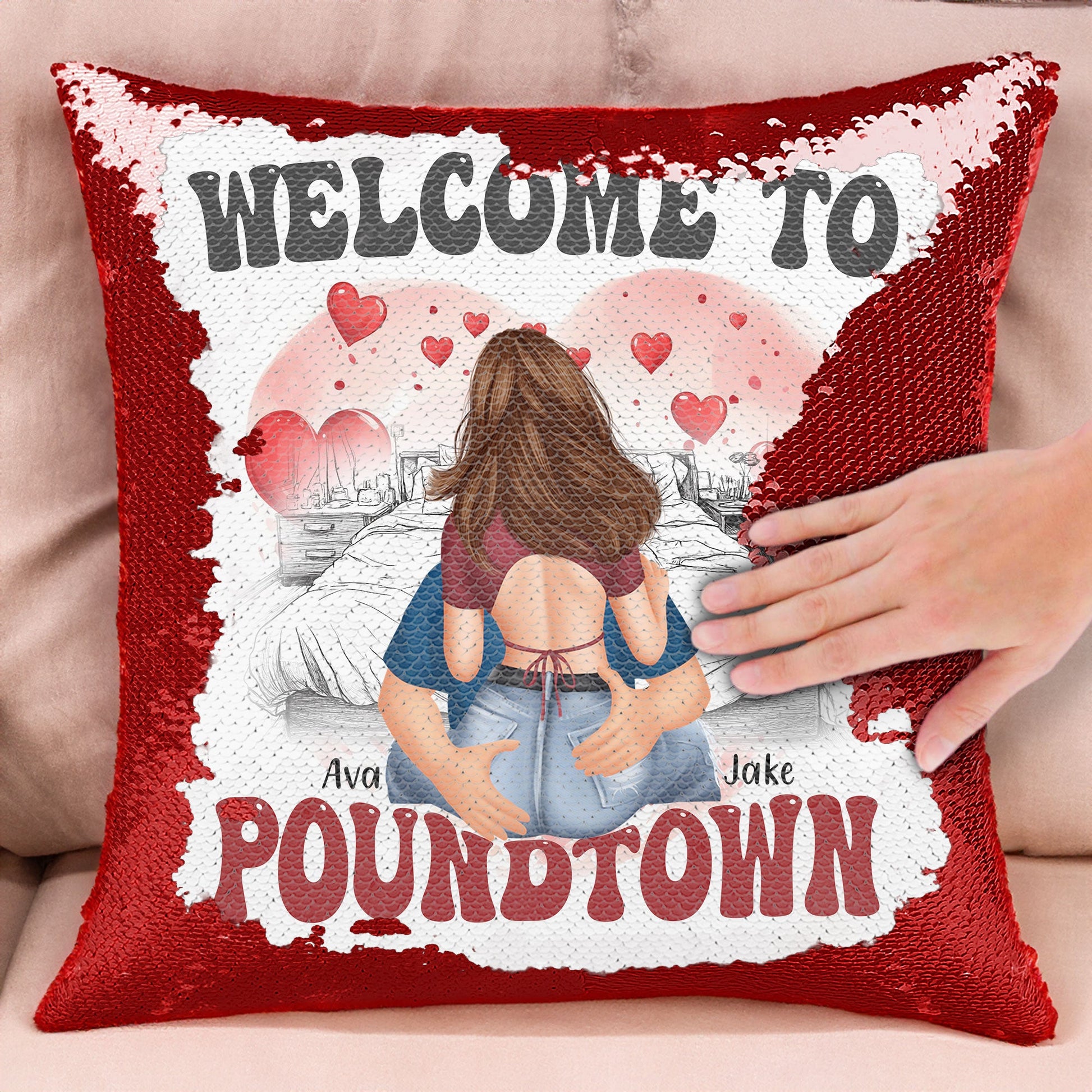 Welcome To Poundtown custom sequin pillow, red sequins, funny gift for couples