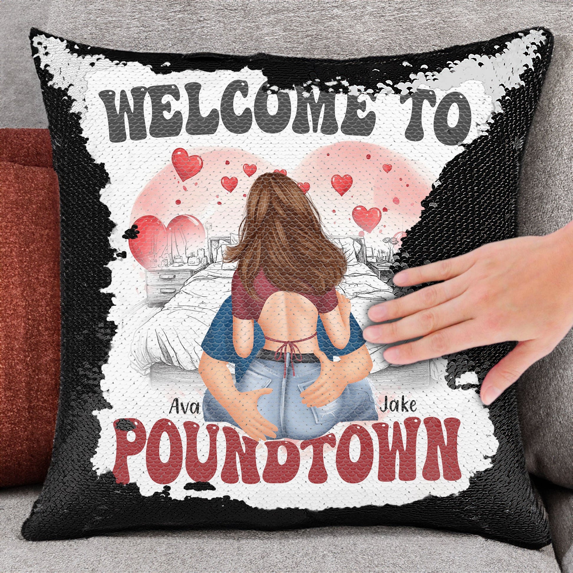 Welcome To Poundtown custom sequin pillow, black sequins, funny gift for couples
