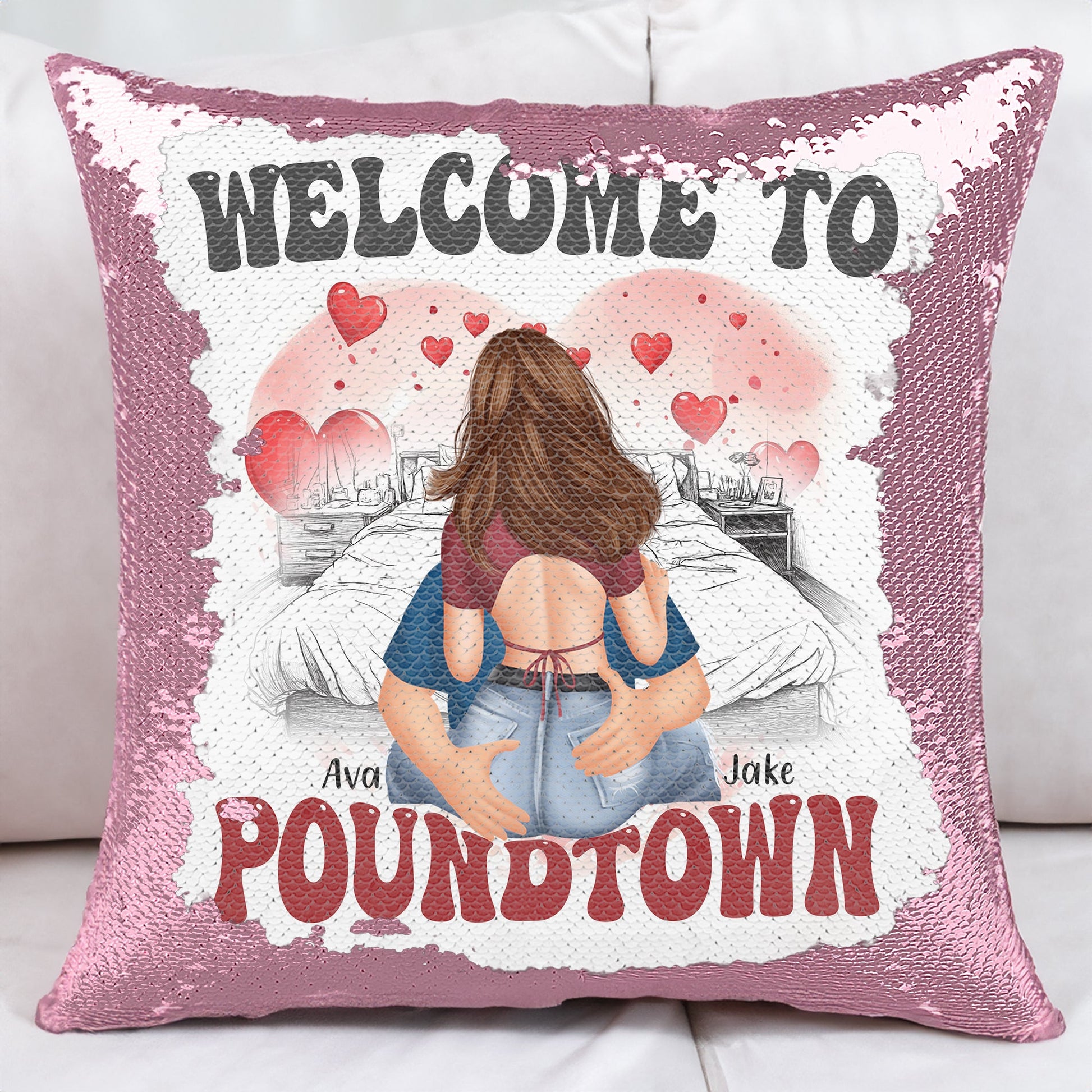 Welcome to Poundtown Sequin Pillow - Pink sequins with cartoon couple graphic, a funny gift for couples.