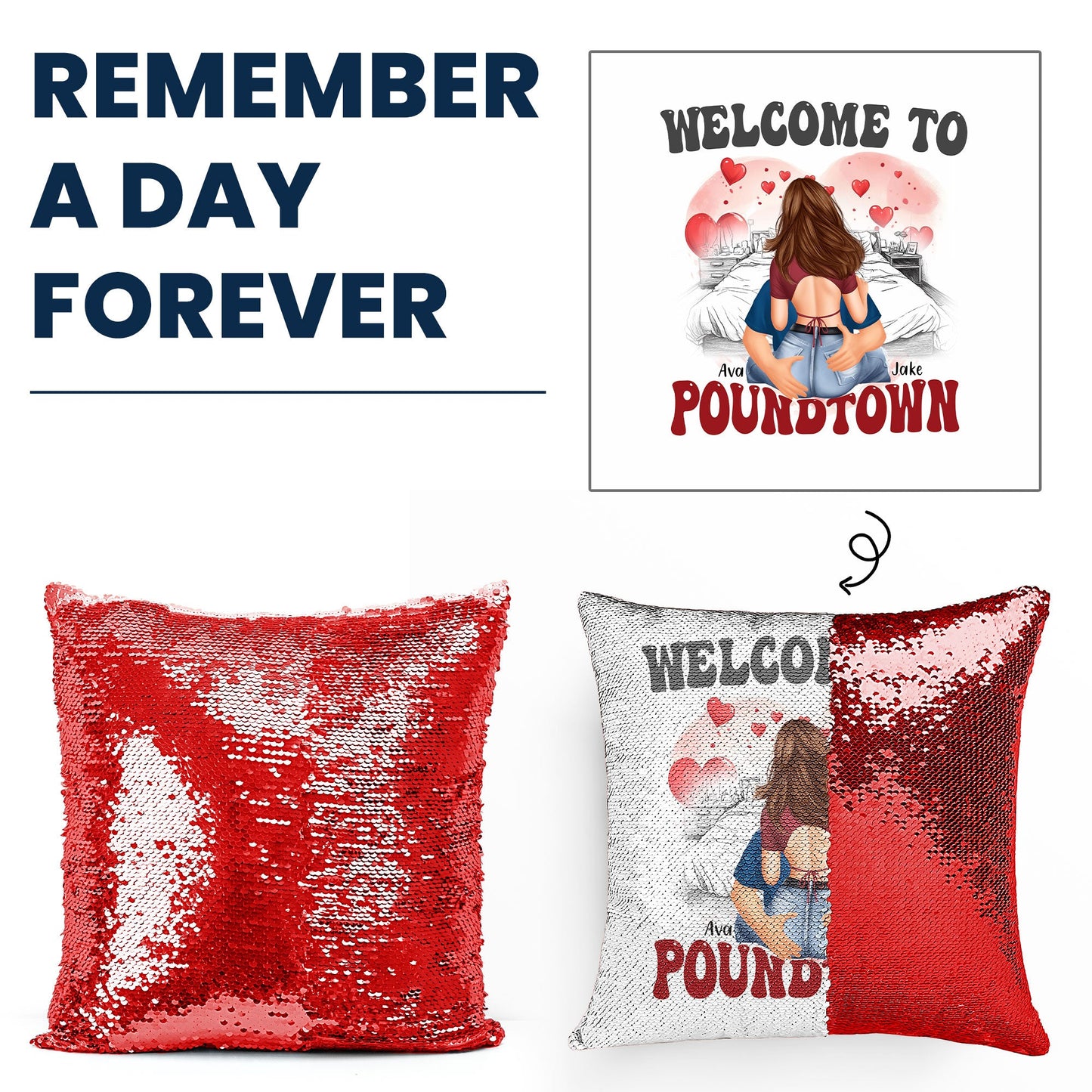 Welcome to Poundtown sequin pillow, red and printed designs, couples gift, custom pillow, reversible sequins.