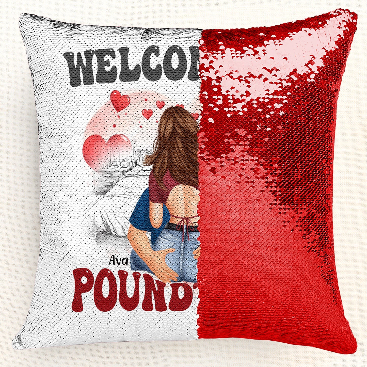 Welcome To Poundtown sequin pillow, red and printed design, couples gift, reversible sequins.
