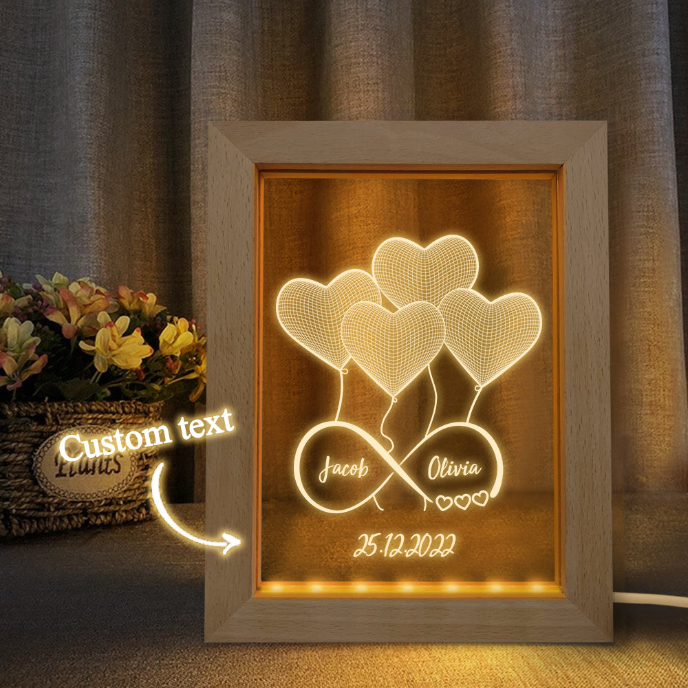 Personalized night light with custom names and 3D heart design, perfect gift