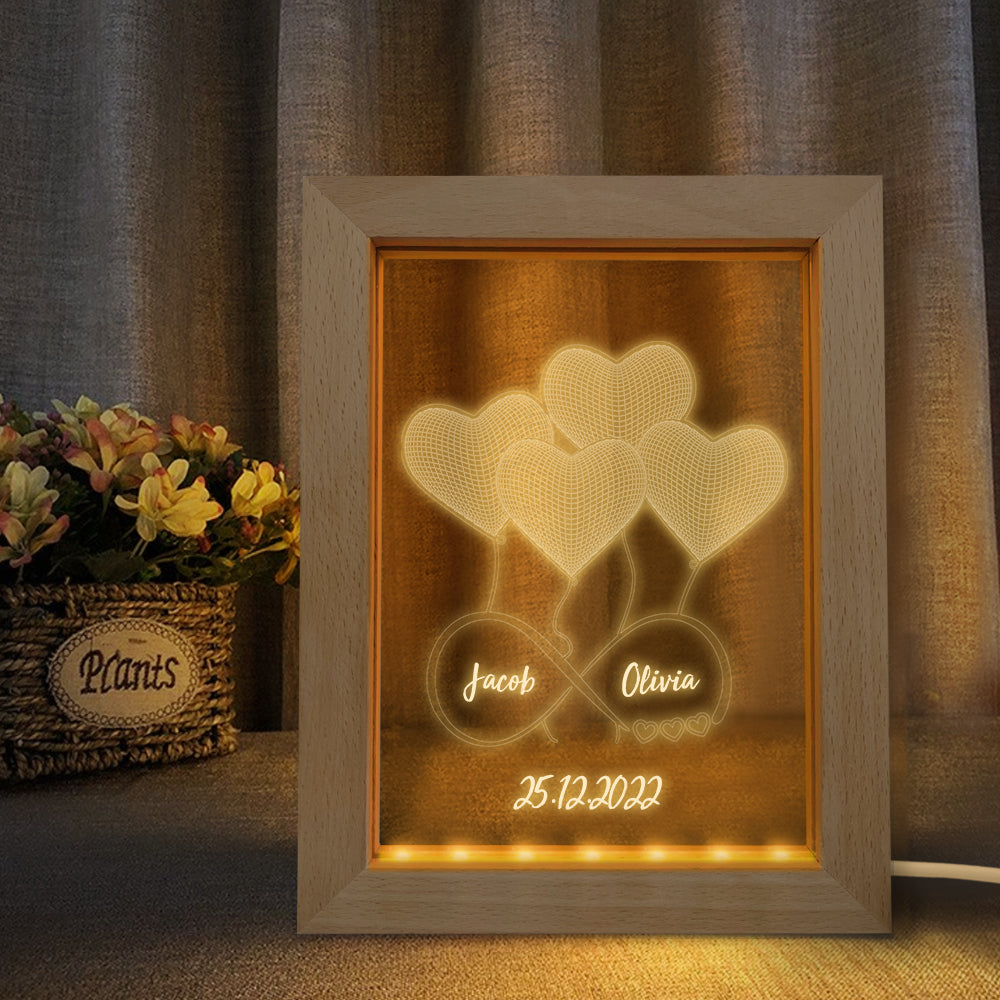 Custom 3D heart infinity night light with names Jack and Chloe, warm LED illumination, wooden frame, perfect gift