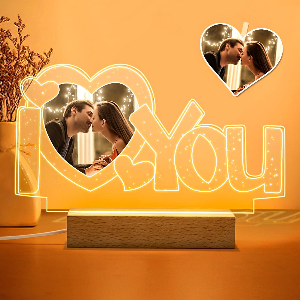 Custom 'I Love You' Acrylic Lamp, personalized photo night light with wooden base, home decor gift.