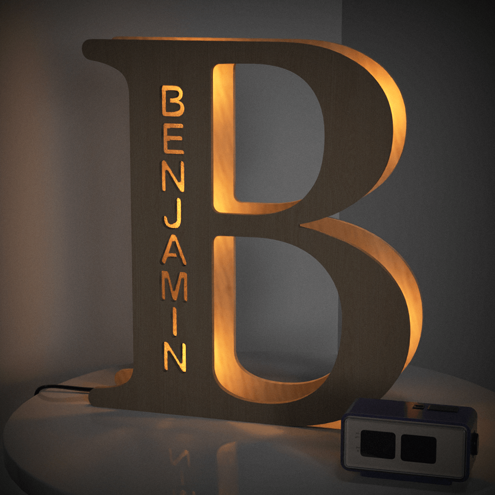 Personalized wooden letter B night light, BENJAMIN engraved, warm glow, 19CM, custom name lamp