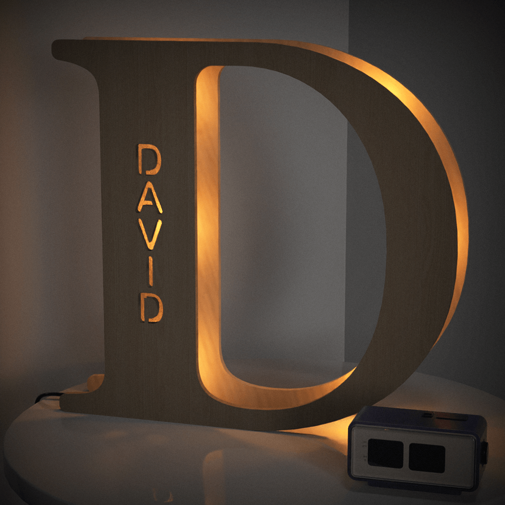 Personalized wooden letter "D" night light with "DAVID" engraved, warm glow, 19CM, custom name lamp.