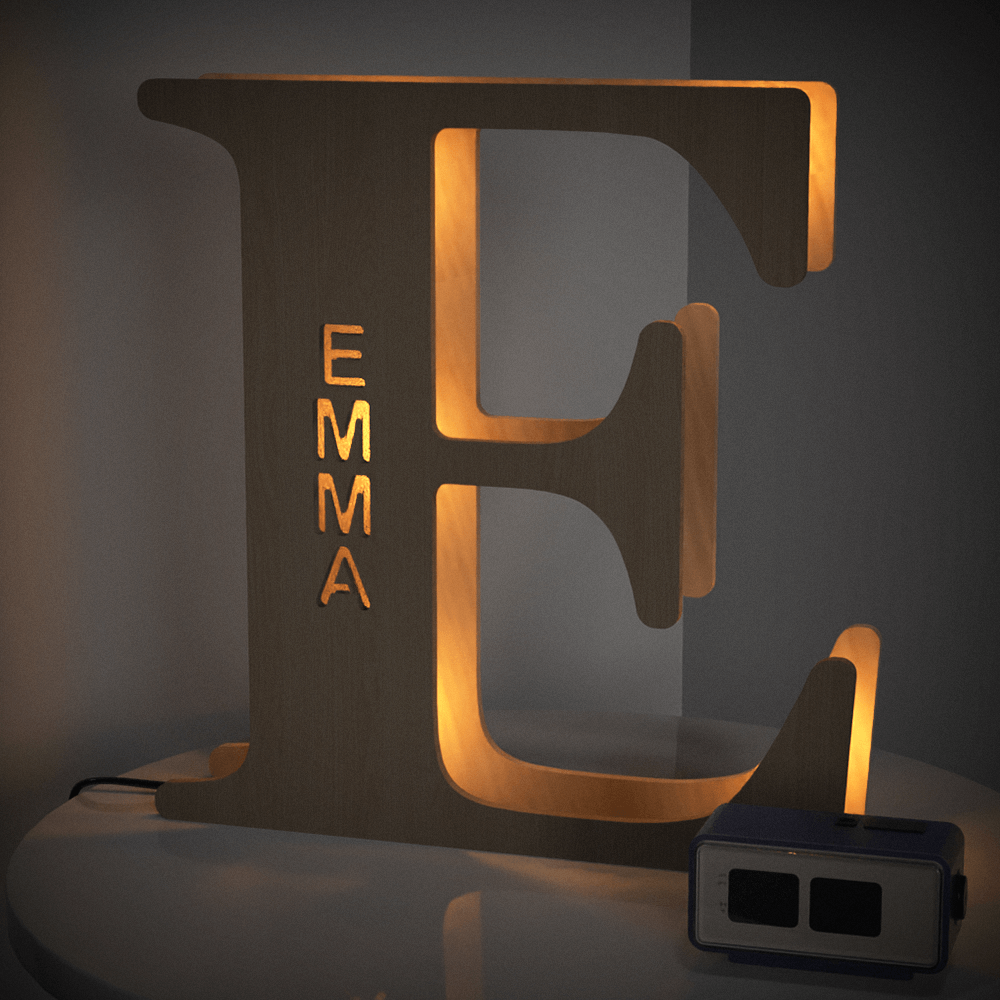 Personalized wooden letter "E" night light with EMMA engraved, warm glow, 19CM, custom name lamp