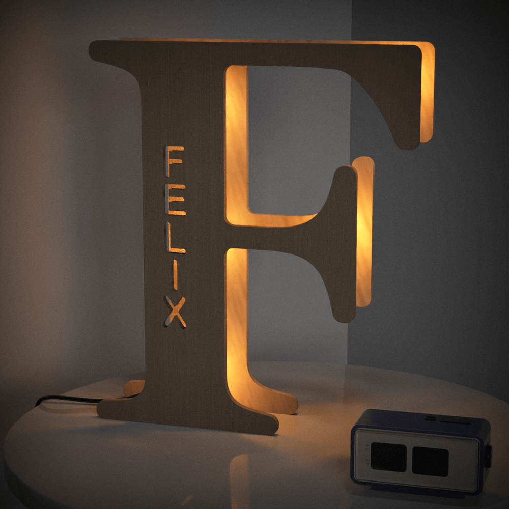 Personalized wooden letter 'F' night light with 'FELIX' engraved, 19CM, warm glow, custom name lamp