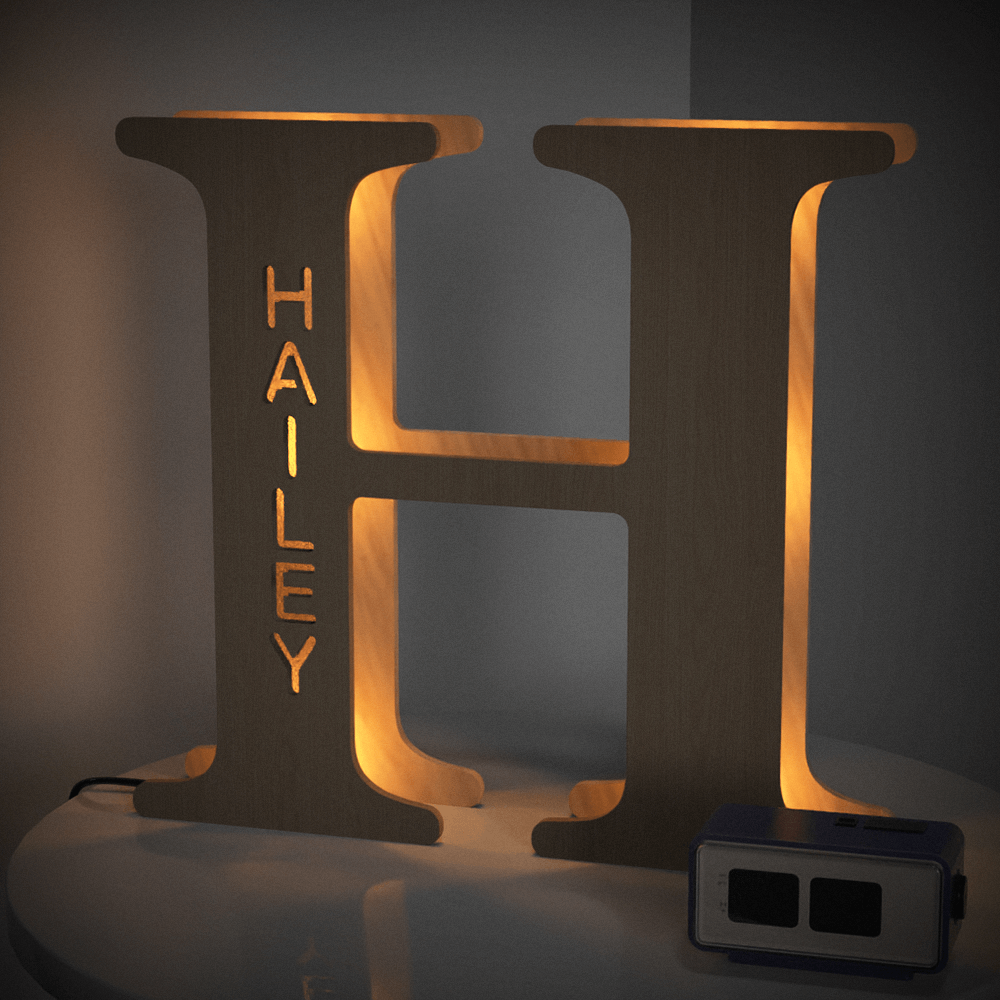 Personalized wooden letter "H" night light with "HAILEY" engraved, warm glow, 19CM, custom name lamp.