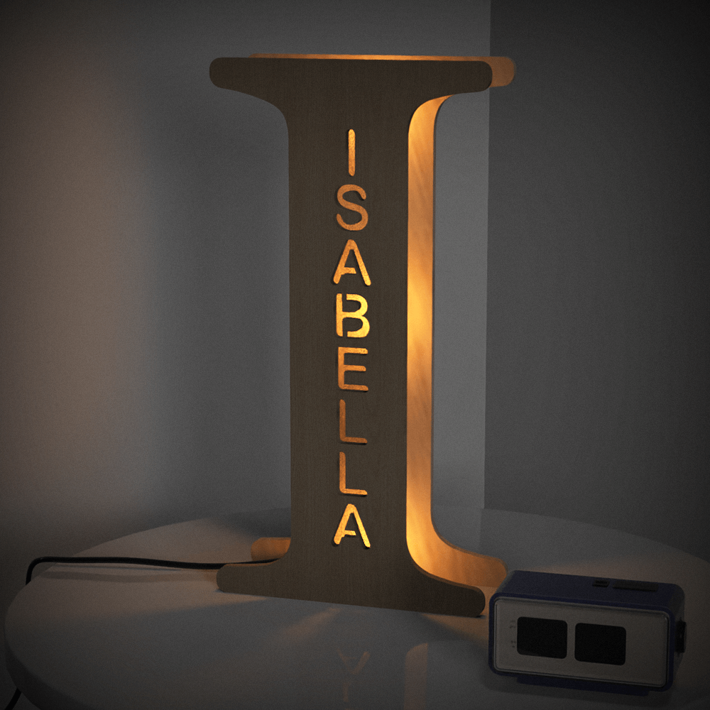 Personalized "I" wooden night light with engraved name ISABELLA, warm glow, 19CM, custom name lamp