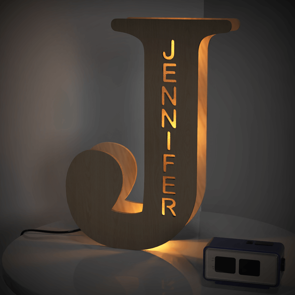 Personalized wooden letter "J" night light with engraved name "JENNIFER", warm glow, 19CM, custom name lamp.