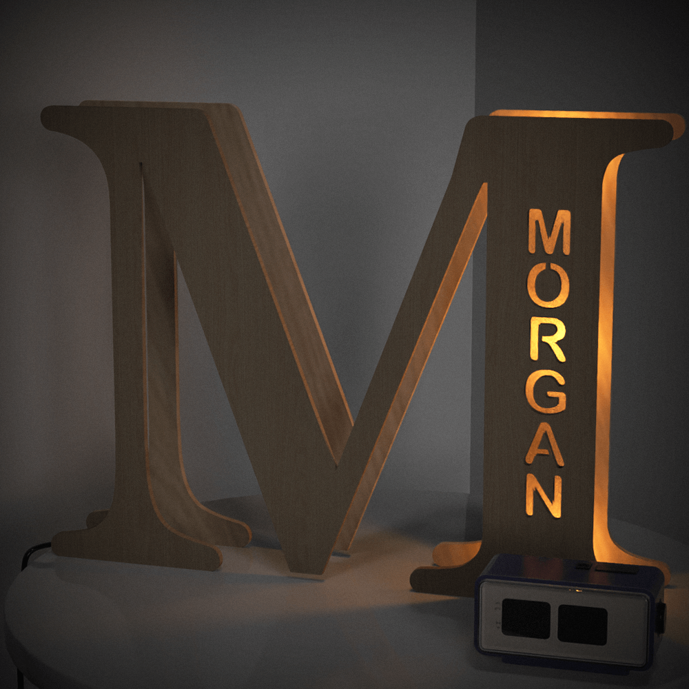 Personalized wooden letter 'M' night light with engraved name 'MORGAN', warm glow, 19CM, custom lamp