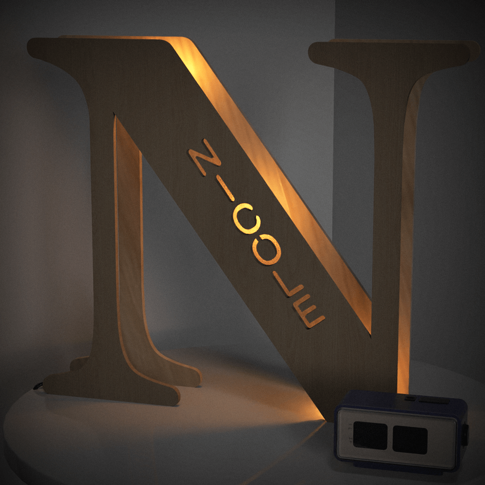 Personalized wooden letter "N" night light with "Nicole" engraved, warm glow, 19CM, custom name lamp.