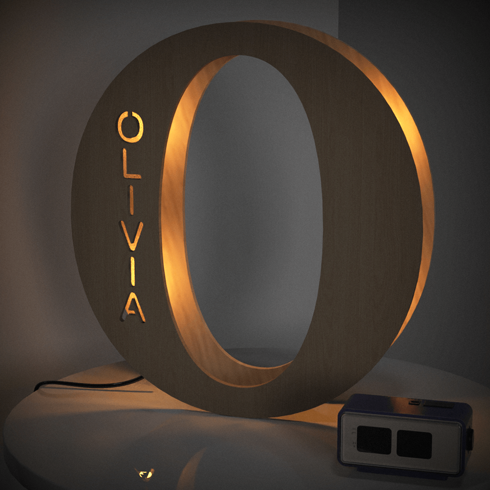 Personalized wooden letter "O" night light with engraved name "OLIVIA", warm glow, 19CM, custom lamp.