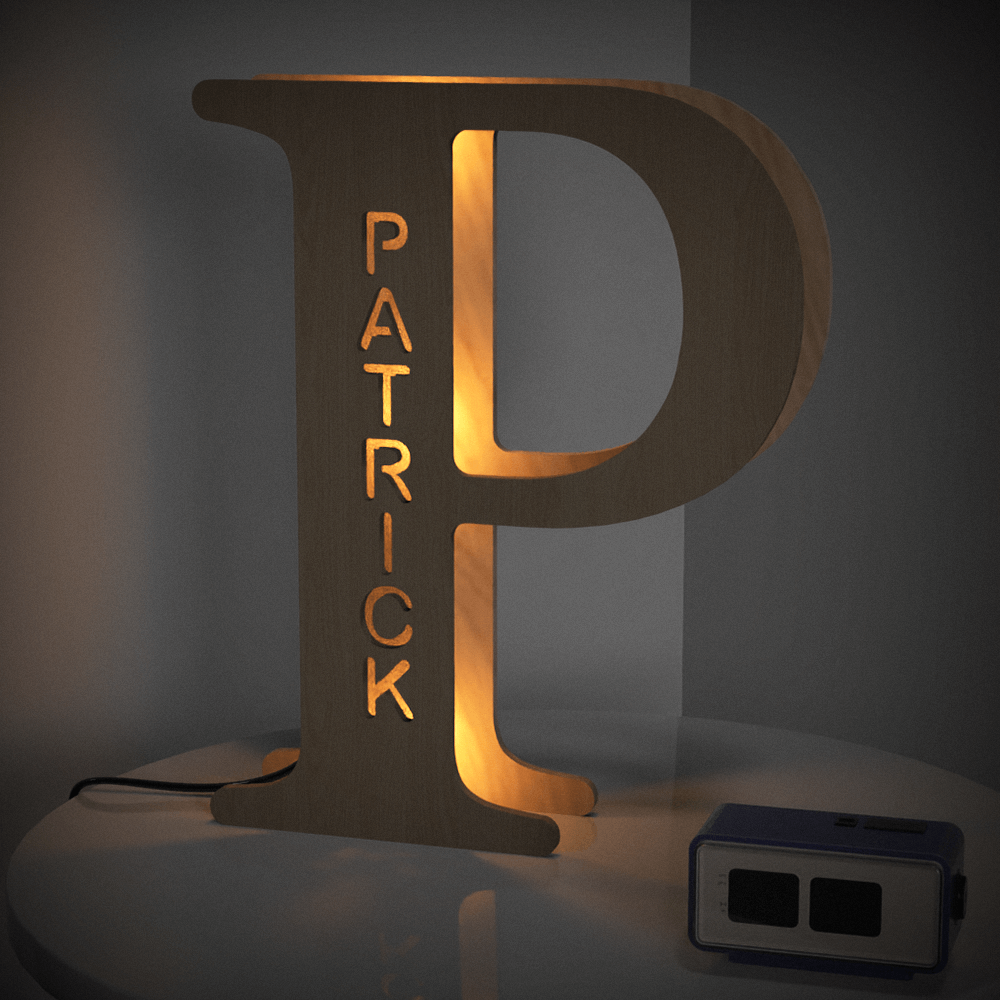 Personalized wooden letter "P" night light with "PATRICK" engraved, warm glow, 19CM, custom name lamp.
