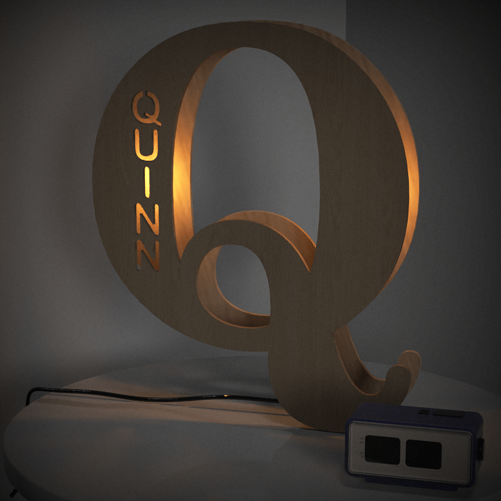 Personalized wooden letter 'Q' night light, custom name alphabet design, warm glow, 19CM