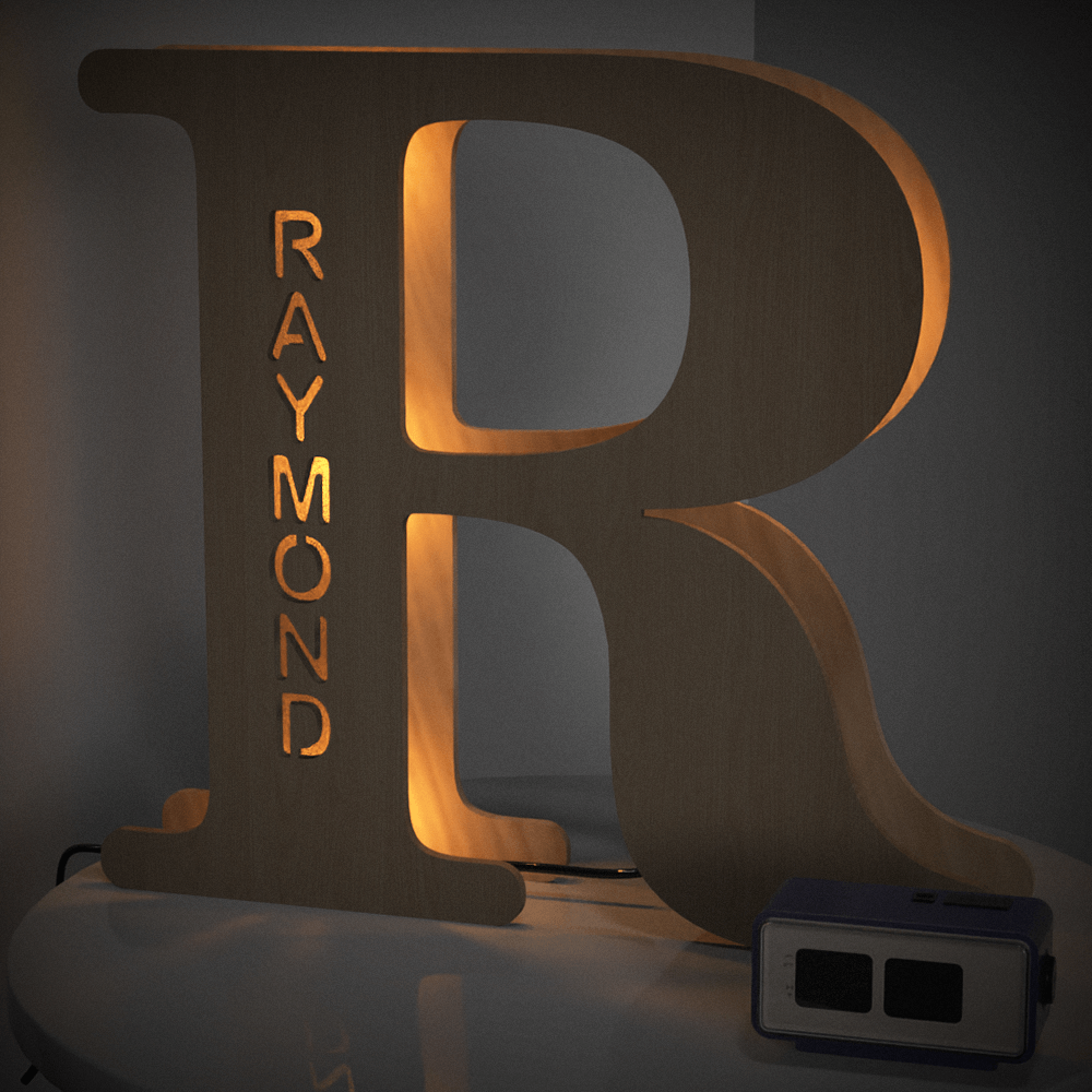 Personalized wooden letter "R" night light with "RAYMOND" engraved, warm glow, 19CM, custom name lamp.