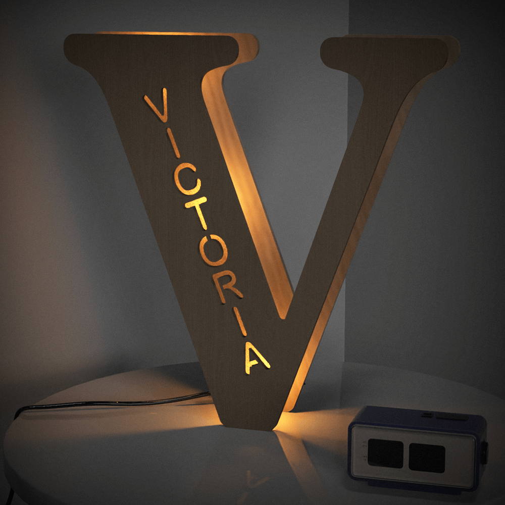 Personalized wooden letter V night light with VICTORIA engraved, 19CM warm glow lamp, custom name gift.