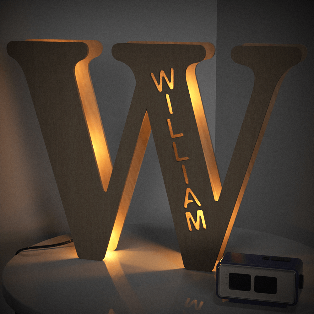 Personalized wooden letter "W" night light with "WILLIAM" engraved, warm glow, 19CM, custom name lamp.
