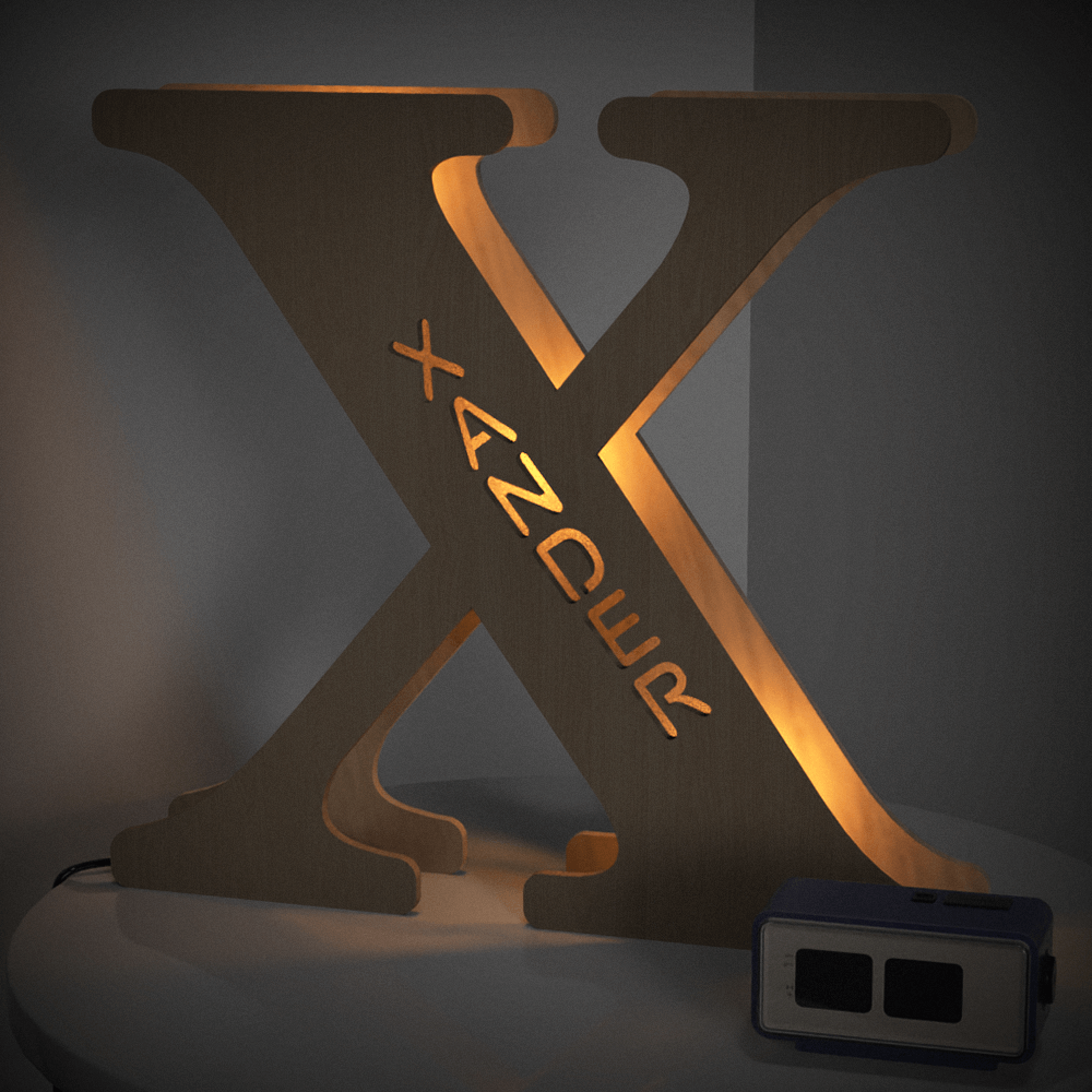 Personalized wooden letter "X" night light with "XANDER" engraved, warm glow, 19CM, custom lamp.
