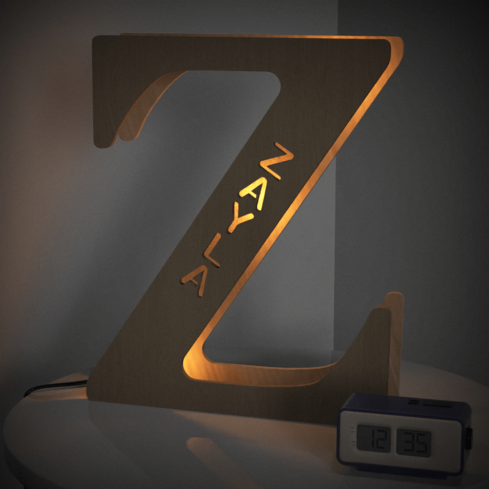 Personalized wooden letter "Z" night light with custom name "ZION", warm glow, 19CM, custom name lamp.
