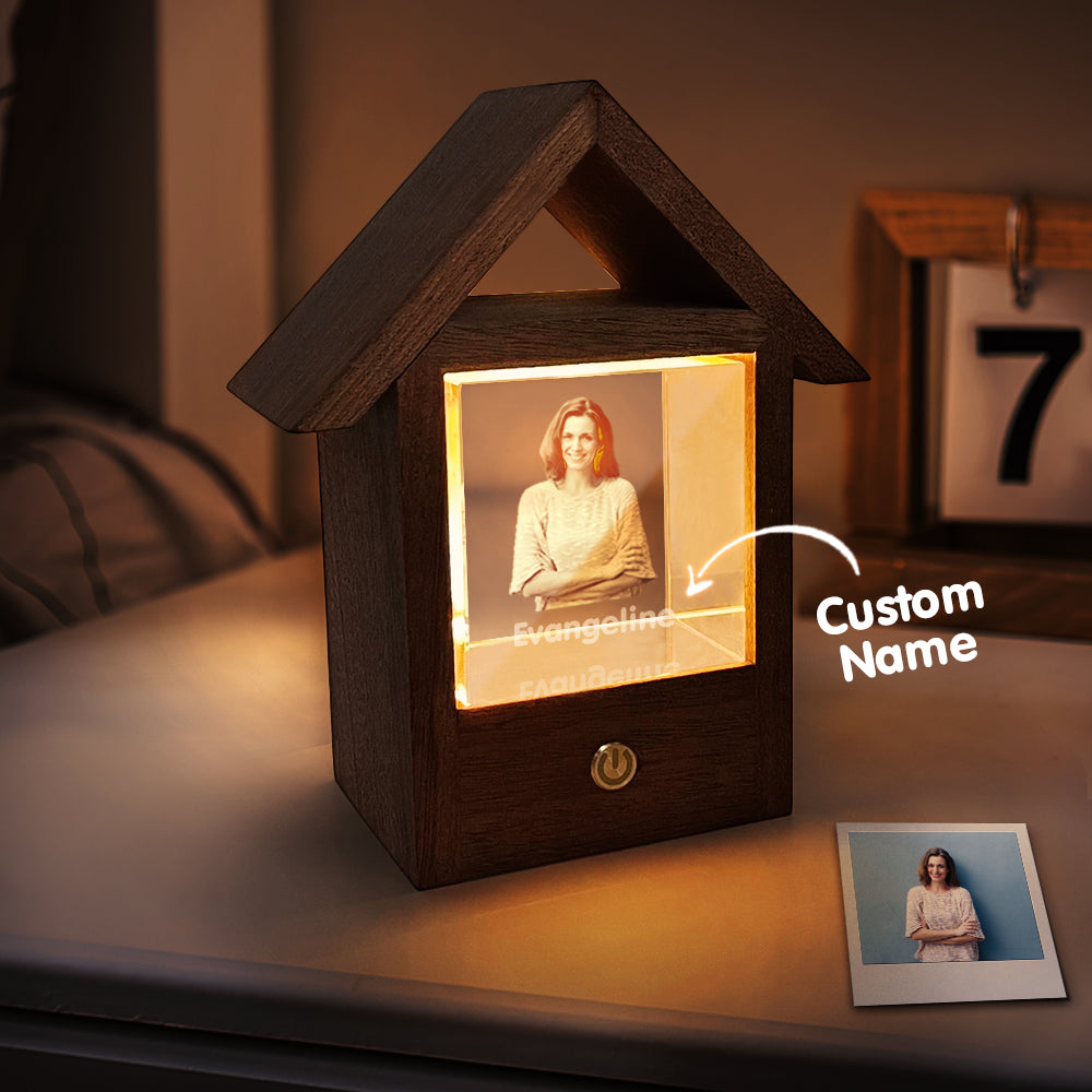 Custom wooden house night light with 3D crystal photo of a woman, personalized engraving, and warm light