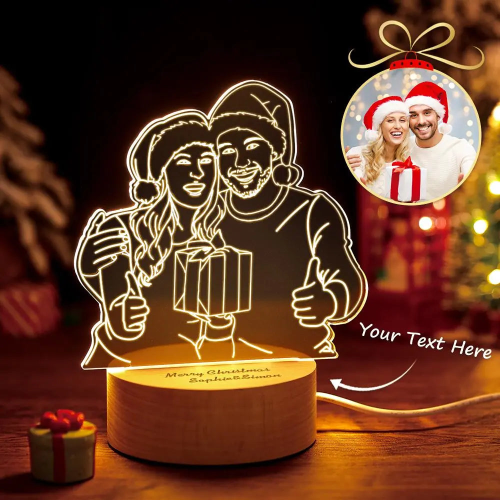 Custom 3D Photo Lamp with Engraved Couple, Warm LED Light, Wood Base, Christmas Gift Idea