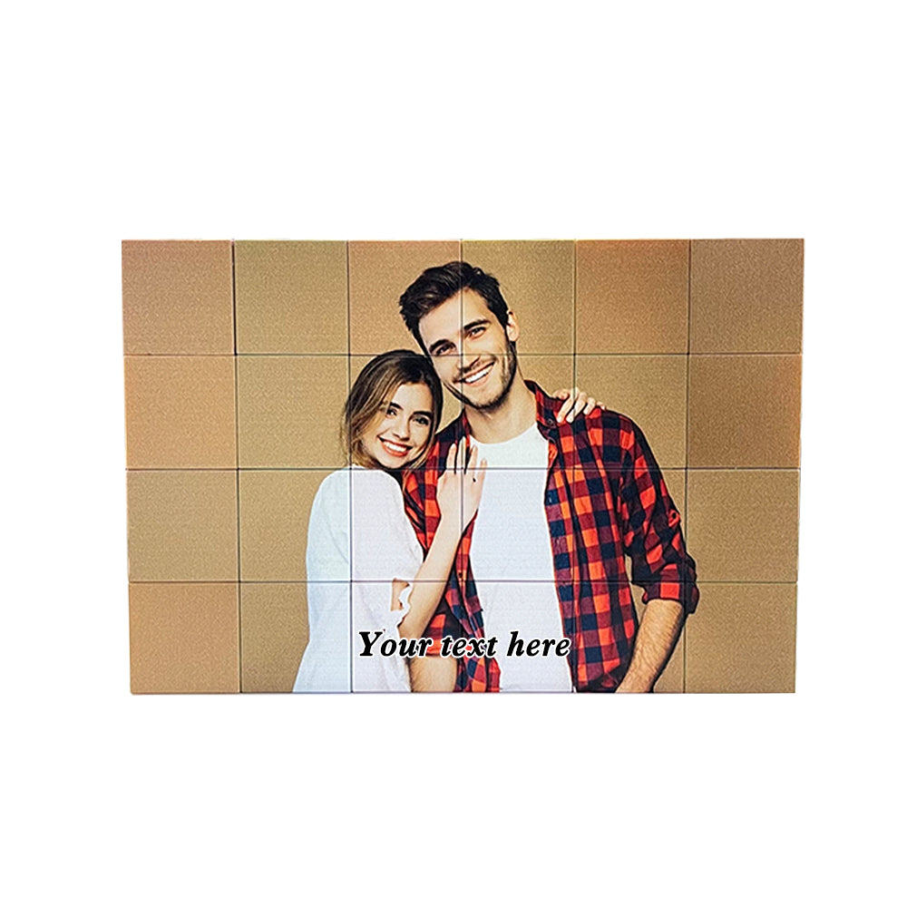 Custom couple photo magnetic building blocks, UV printed with 'Forever in love' text, perfect gift.