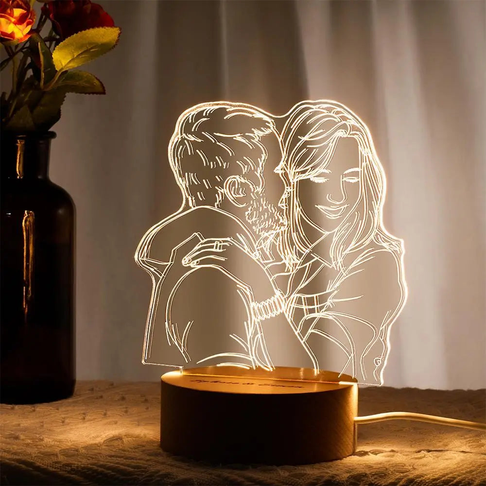 Custom 3D photo lamp with engraved couple, warm LED light, and wood base. A unique and personalized gift idea.