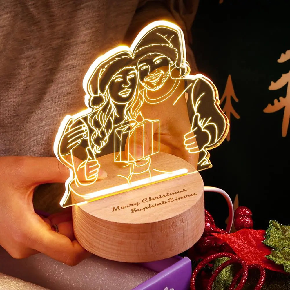 Custom engraved photo lamp with couple's image, warm LED light, wood base - unique gift idea