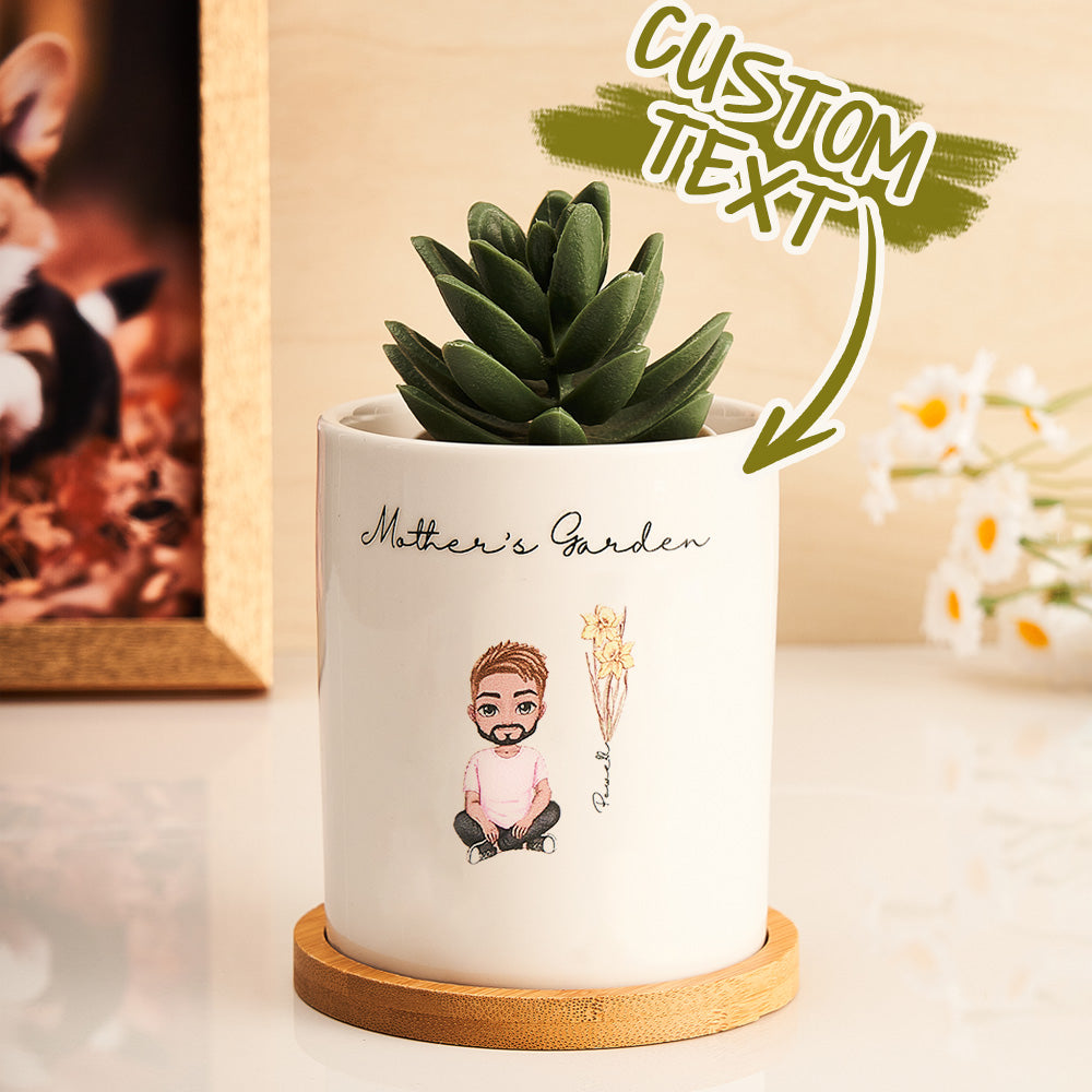 Personalized ceramic plant pot with cartoon figure and birth flower, 'Mother's Garden'