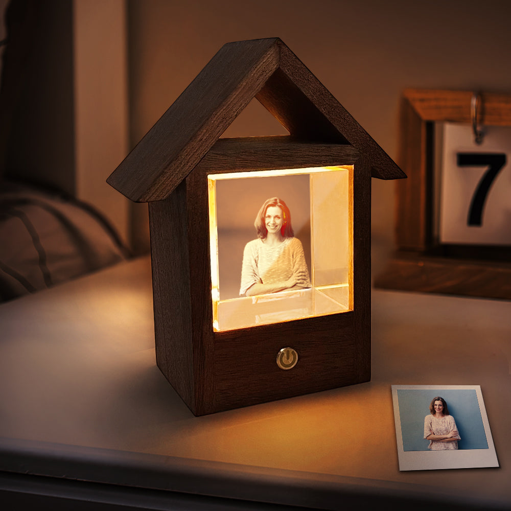 3D Crystal Photo Lamp, wooden house design with laser-etched photo and personalized engraving.