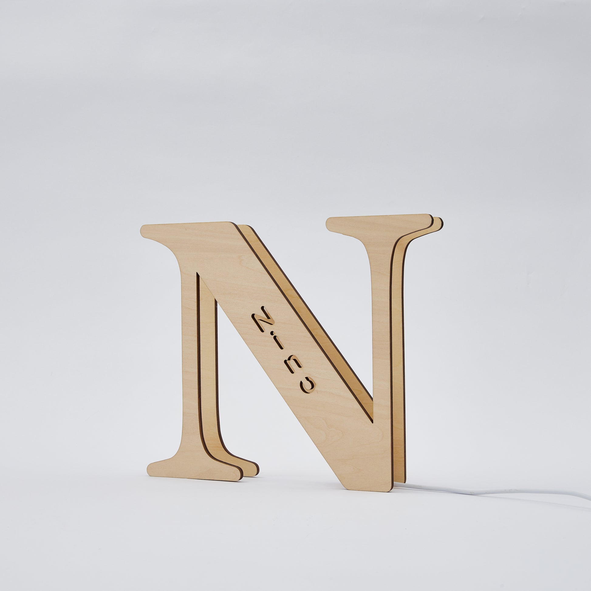 Personalized wooden letter "N" night light, custom engraved name, warm glow, 19CM, laser-cut design