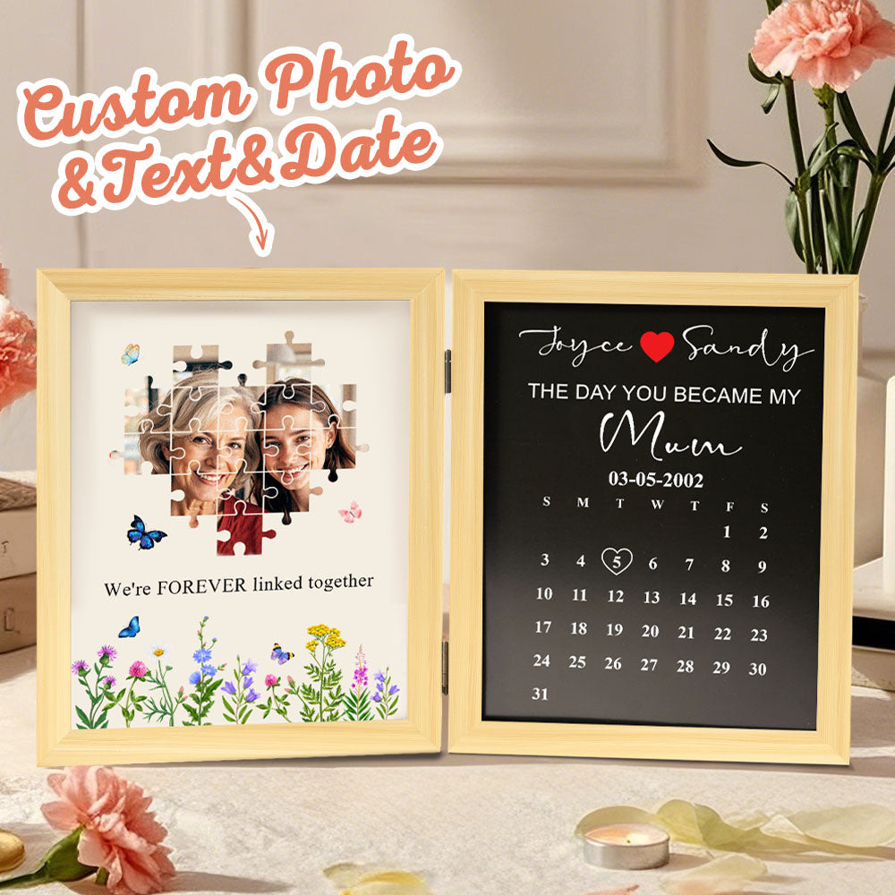 Personalized Mother's Day Photo Frame with custom photo and text, date, resin material, floral design for Mom.