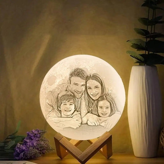 Custom 3D printed moon lamp with family photo, perfect Christmas gift. Features a warm light and wooden base for home decor.