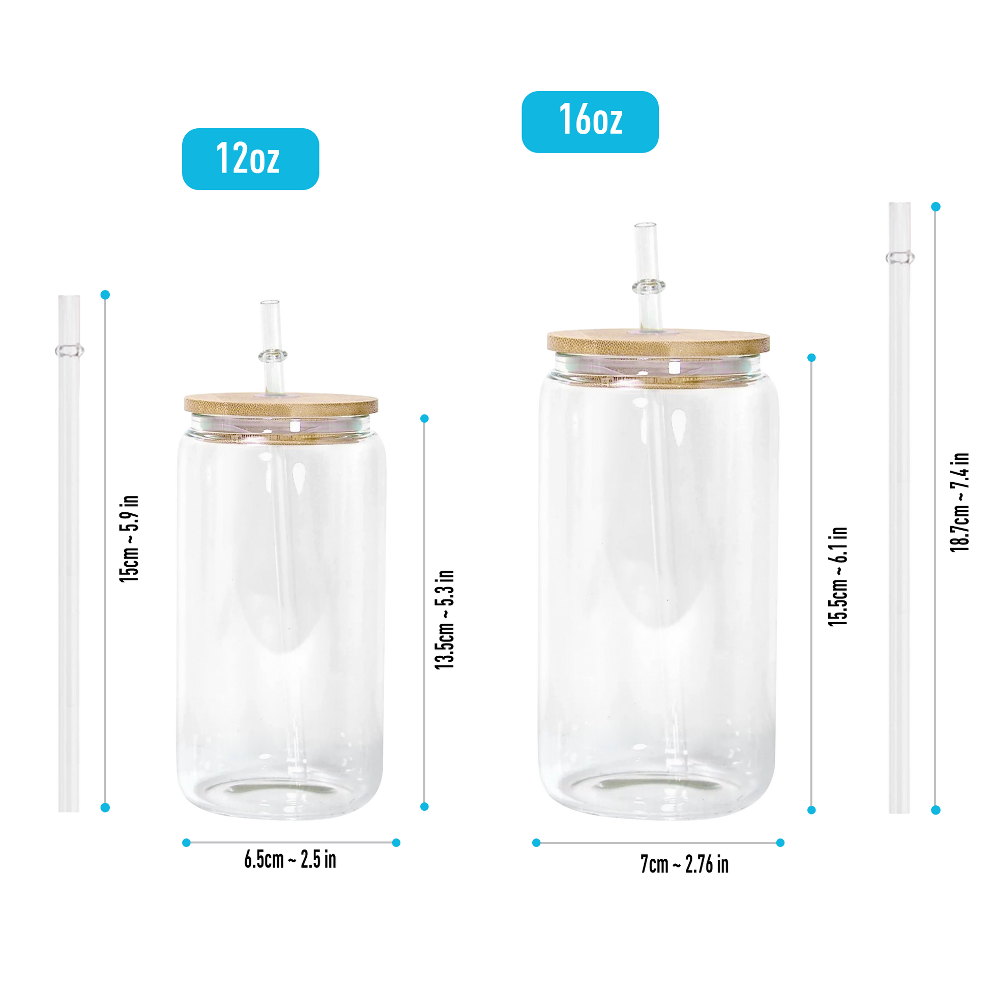 Clear glass cup with wooden lid and straw, perfect for custom messages and gifts